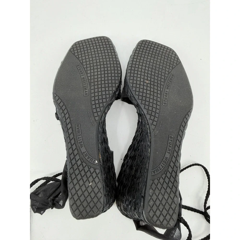 Stuart Weitzman Black Espadrille Wedge Sandals Pleated Ankle Tie Square Toe 5.5B